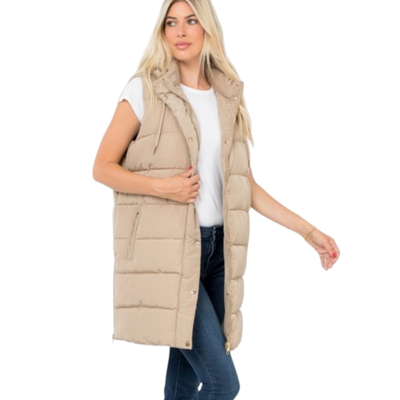 Women's Taupe Long Puffer Vest - Picture 4 of 11